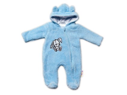 Baby Nellys Chlupáčkový overálek s kapucí, Cute Bunny - modrý (Velikost 62 (2-3m))