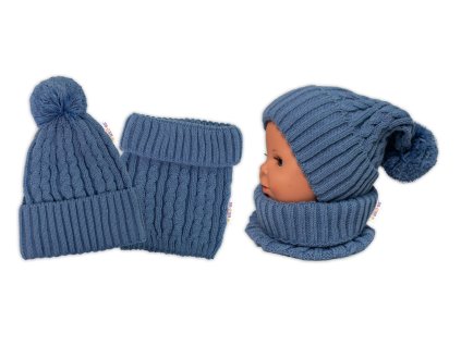pletena zimna ciapka s brmbolcom komincek baby nellys modra jeans vel 48 52cm