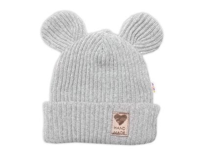 Pletená bavlněná čepice s oušky, dvouvrstvá, Hand Made Baby Nellys, šedá (Velikost 56/62 (0-3m))