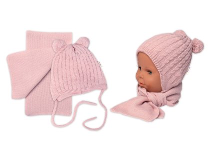 Zimní čepice na zavazování s bambulky + šál, Baby Nellys - pudrově růžová (Velikost 56/62 (0-3m))