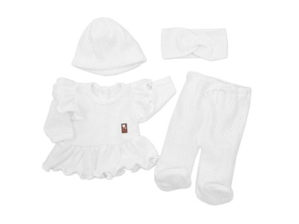 Pletená ažurková sada 4D, tunika, polodupačky, čepička + čelenka Kazum, bílá (Velikost 62 (2-3m))