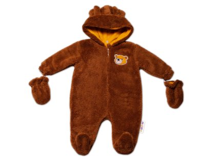 Baby Nellys Chlupáčkový overal Luna s kapucí + rukavičky, Medvídek, hnědý (Velikost 56 (1-2m))