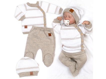 Pletená sada pro miminko s jemným proužkem 3D, lux - béžová, bílá (Velikost 56 (1-2m))