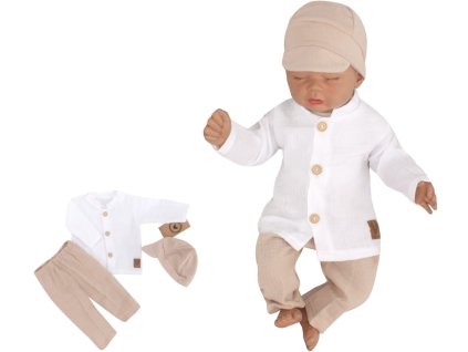 Elegantní mušelínová 3D sada - košile, kalhoty + čepice, 3D sada, bílá/písková (Velikost 56 (1-2m))