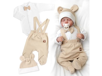 Bavlněná souprava Gentleman 3D, body, polodupačky s láclem + čepička, béžová/bílá (Velikost 56 (1-2m))