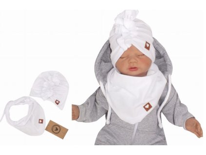 Z&Z Stylová dětská jarní/podzimní bavlněná čepice, turban s šátkem, bílá (Velikost 56-68 (0-6 m))