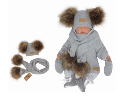 Z&Z Zimní čepice s bambulemi z kožešinky a šálou 2V1, šedá (Velikost 56-68 (0-6 m))