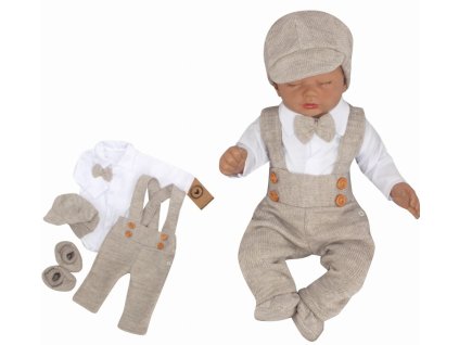 Z&Z 5-dílná pletená sada Boy, body, kalhoty, čepička, motýlek, botičky, béžová (Velikost 62 (2-3m))
