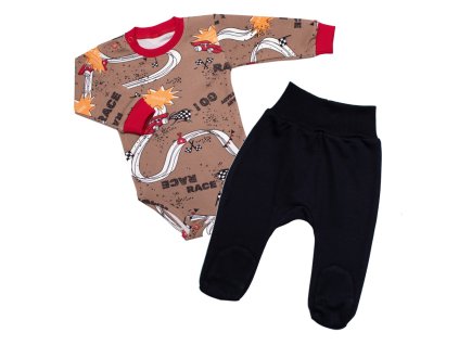 Kojenecké body zap. u krku + polodupačky RACE, 2D sada, Mrofi, hnědá (Velikost 68 (3-6m))