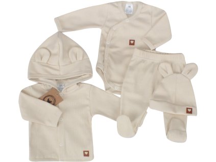 Sada do porodnice 4D, žebrovaná, body, polodupačky, kabátek a čepička, ecru (Velikost 62 (2-3m))
