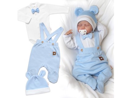 Bavlněná souprava Gentleman 3D, body, polodupačky s láclem + čepička, modrá/bílá (Velikost 56 (1-2m))