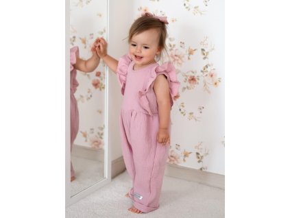 Letní mušelínový overálek pro holčičky s volánkem Star - starorůžová (Velikost 104 (3-4r))