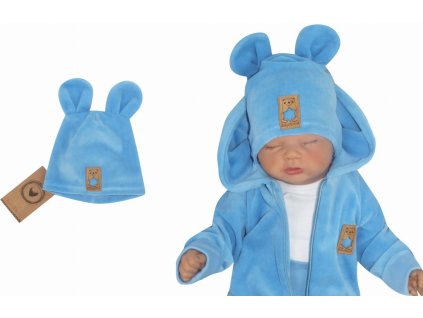 Z&Z Velurová, semišková čepička s oušky, sv. modrá (Velikost 68/74 (6-9m))