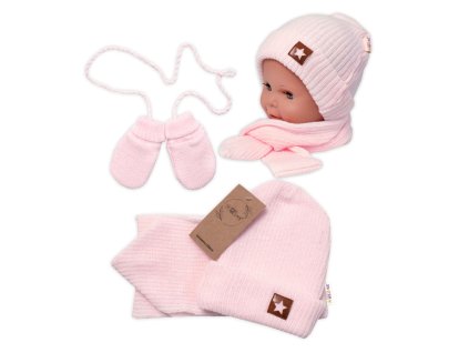 Baby Nellys Pletená čepice s šálou a rukavičky 3v1, STAR - sv. růžová (Velikost 68/74 (6-9m))