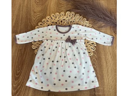 Bavlněné šaty s mašličkou, dl. rukáv, Puntík, Mamatti, smetanové s potiskem (Velikost 74 (6-9m))