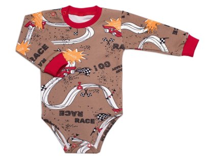Body dl. rukáv, bavlna, zapínání u krku Mrofi, RACE - hnědé (Velikost 74 (6-9m))