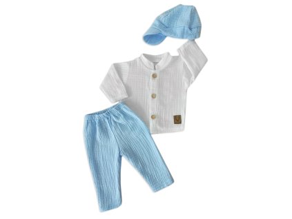 Elegantní mušelínová 3D sada - košile, kalhoty + čepice, 3D sada, bílá/modrá (Velikost 56 (1-2m))