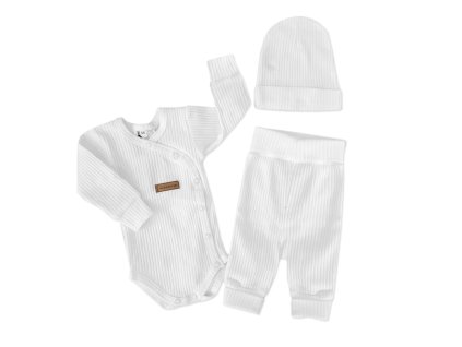 Žebrované zavinovací body, tepláčky a čepička Kazum 3D bavlněná sada, bílé (Velikost 62 (2-3m))