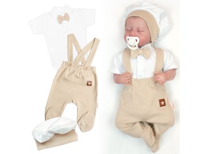 Bavlněná souprava Gentleman 3D, body kr. rukáv, polodupačky s láclem, čepička, béžová/bílá (Velikost 56 (1-2m))