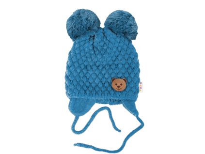 Zimní pletená čepice Teddy Bear na zavazování, modrá, Baby Nellys (Velikost 56-68 (0-6 m))