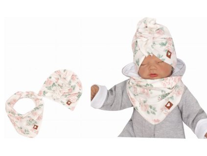 Z&Z Stylová dětská jarní/podzimní bavlněná čepice, turban s šátkem, kytky (Velikost 56-68 (0-6 m))