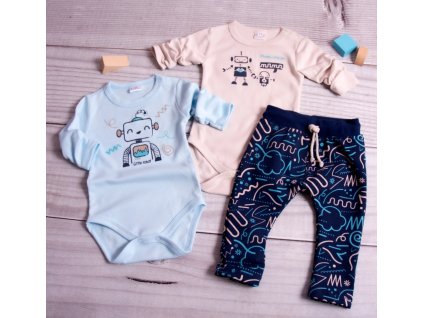 K-Baby 3-dílná sada - 2x body dl. rukáv,tepláčky, New Robot Baby, béžová,sv. modrá (Velikost 62 (2-3m))
