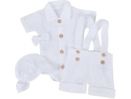 Mušelínové kraťasy s láclem, bodýčko, čepička, motýlek 4D sada, Z&Z, bílá/bílá (Velikost 56 (1-2m))