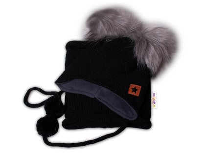 Zimní čepice s fleecem a chlupáčkové bambulky Star + komínek - černá, BABY NELLYS (Velikost 98-104 (2-4r))