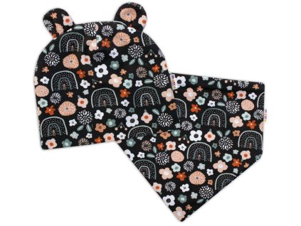 Baby Nellys Dvouvrstvá čepice s oušky + šátek Palouček, grafit (Velikost 62-74 (3-9m))