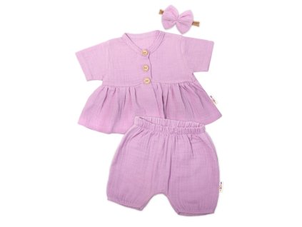 Baby Nellys 3-dílná mušelínová soupravička, tunika/halenka, kraťasky, čelenka, lila (Velikost 56 (1-2m))