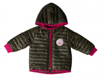 Přechodová prošívaná bunda s kapucí  - olivová/růžová (Velikost 68 (3-6m))