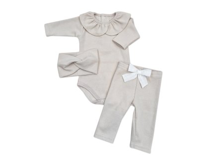 Žebrované body s límečkem, legíny a čelenka, 3D, bavlna, písková (Velikost 62 (2-3m))