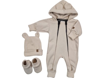 Oteplený dětský overal bez šlapek s kapucí, čepička + botičky, 3D, Kazum, béžový (Velikost 56 (1-2m))