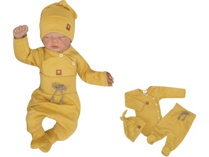 Z&Z 3-dílná soupravička body, polodupačky s provázkem a čepička - hořčicová (Velikost 68 (3-6m))
