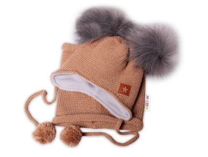 Zimní čepice s fleecem a chlupáčkové bambulky Star + komínek - medová, BABY NELLYS (Velikost 98-104 (2-4r))