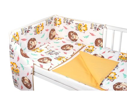 3-dílná sada Mantinel s povlečením-Ježek a Liška, bílá s potiskem/hořčicová (Velikost povlečení 120x90, Rozměry polštáře 40 x 60, Rozměry přikrývky 120 x 90)
