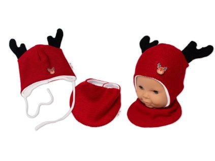 Pletená dvouvrstvá čepice s šátkem Sobík, červená/bílá (Velikost 56/62 (0-3m))