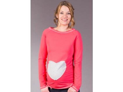 Be MaaMaa Těhotenské triko/halenka SRDCE dl. rukáv - koral (Velikost oblečení XS/L)