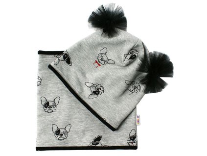 Baby Nellys Bavlněná sada čepička s tutu a nákrčník Pejsci - šedá,černá (Velikost 98 (2-3r))