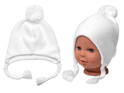 Pletená čepice s bavlněnou podšívkou, bambulkou a copánky, bílá (Velikost 68/74 (6-9m))