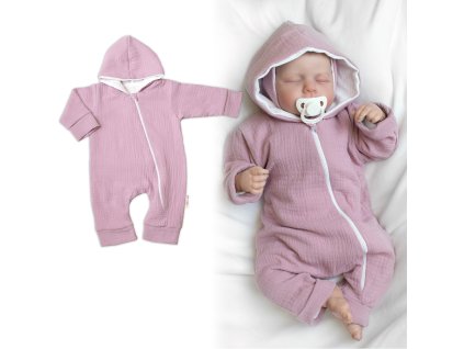 Mušelinový overálek s kapucí, dvouvrstvý, Hand Made, pudrový/růžový (Velikost 62 (2-3m))