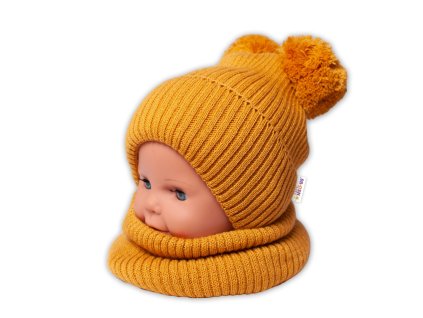 baby nellys zimna pletena ciapka nakrcnik horcicova s brmbolcami