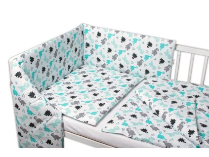 3-dílná sada, mantinel s povlečením Dinosauři - bílá, 120x90 cm (Velikost povlečení 135x100)