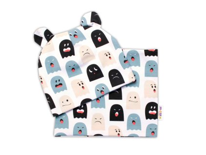 Dvouvrstvá čepice s oušky + komínek Příšerky, bílá/mátová (Velikost 62-74 (3-9m))