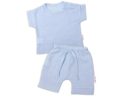 Baby Nellys 2-dílná mušelínová soupravička, tričko + kraťasky BOY, světle modrá (Velikost 56 (1-2m))