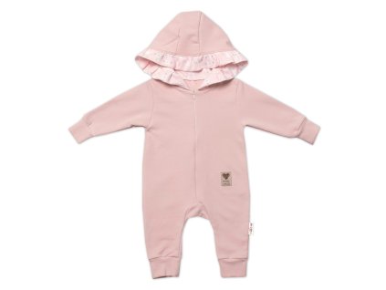 Baby Nellys Teplákový overal s kapucí a volánkem, New Bunny - pudrová (Velikost 86 (12-18m))