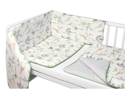 Baby Nellys 3-dílná sada mantinel s povlečením Safari - bílá s potiskem/zelená (Velikost povlečení 120x90)