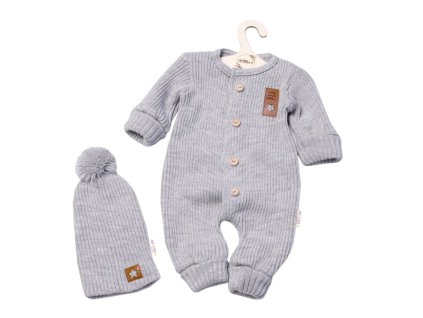 Baby Nellys 2-dílná sada Pletený overálek STAR + čepice Hand Made, šedý (Velikost 80/86 (12-18m))
