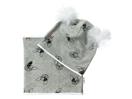 Baby Nellys Bavlněná sada čepička s tutu a nákrčník Pejsci - šedá, bílá,ekri (Velikost 98 (2-3r))