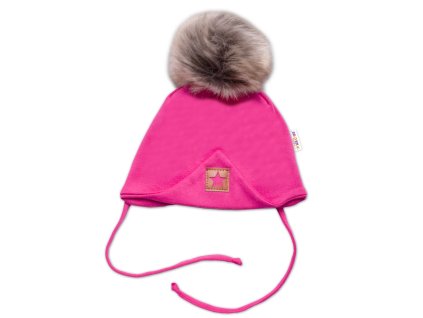 Zimní,podzimní bavlněná dvouvrstvá čepice s bambulí na zavazování Star, růžová (Velikost 56-68 (0-6 m))
